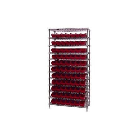 Global Industrial Chrome Wire Shelving with 77 4inH Plastic Shelf Bins Red, 36x24x74 268976RD